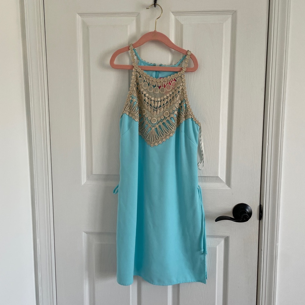 lilly pulitzer romper with gold lace details